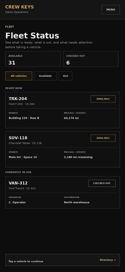 Current Crew Keys mobile Fleet Status interface showing available and checked-out vehicles on a phone