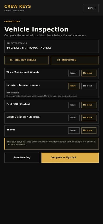 Current Crew Keys mobile Vehicle Inspection interface showing checklist items and issue detail on a phone