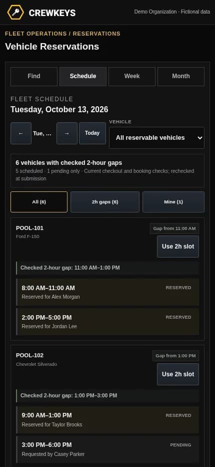 Crew Keys mobile reservation day schedule showing vehicle bookings and time slots