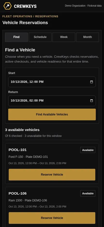 Crew Keys mobile Find a Vehicle view with reservation dates and available vehicle choices