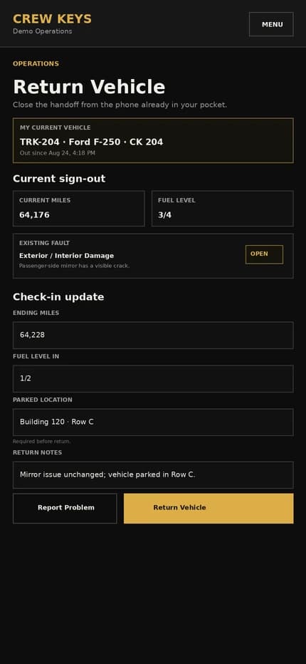 Current Crew Keys mobile Return Vehicle interface showing ending mileage, fuel, parked location, and return notes on a phone