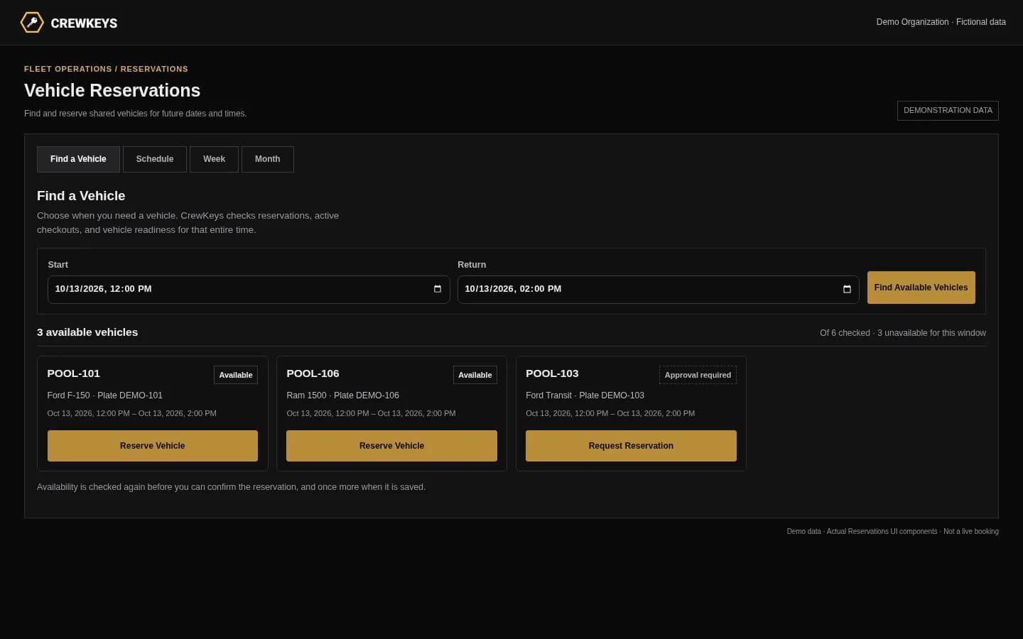 Crew Keys Find a Vehicle search showing a selected booking window and eligible vehicles
