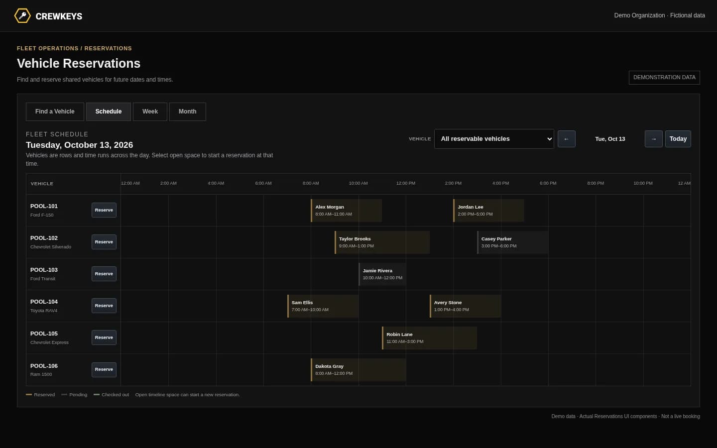 Crew Keys Reservations schedule showing shared fleet vehicles and reserved time windows