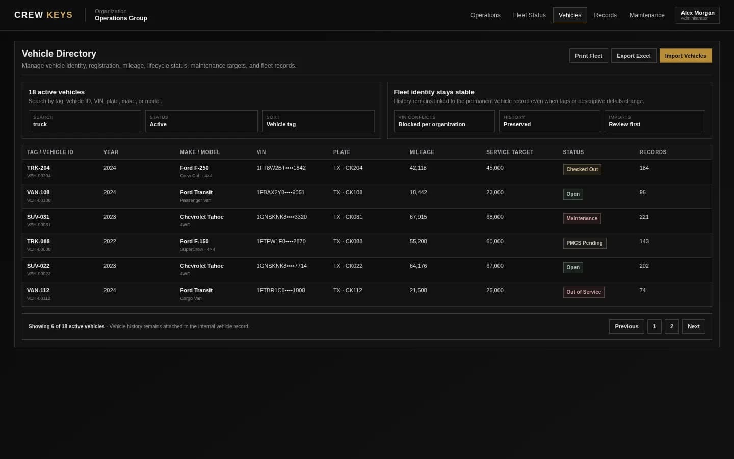Crew Keys Vehicle Directory interface showing vehicle identity, VIN, plate, mileage, service targets, status, and record counts