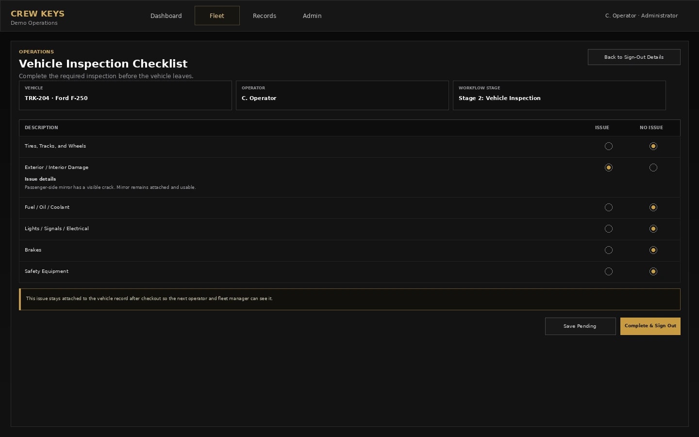 Crew Keys Vehicle Inspection Checklist interface for recording driver-reported condition findings