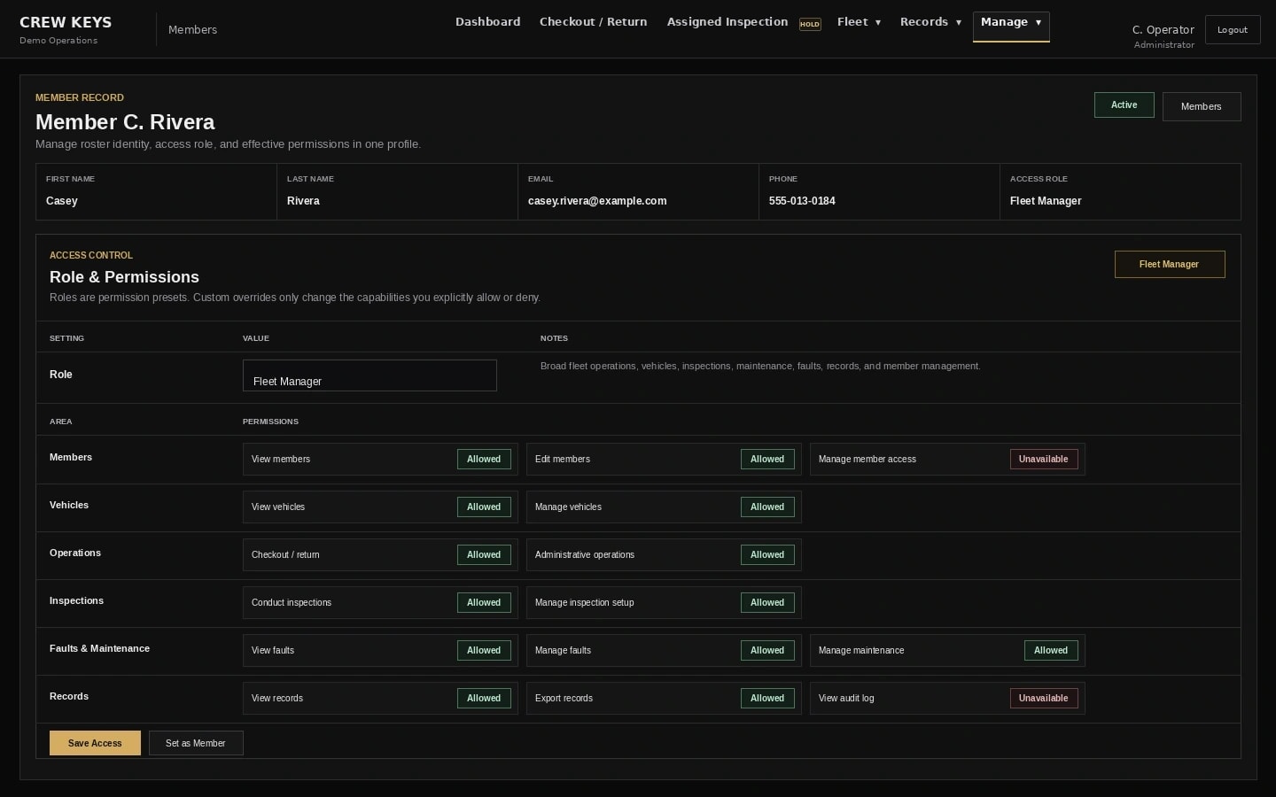 Current Crew Keys member access interface showing role and permission controls