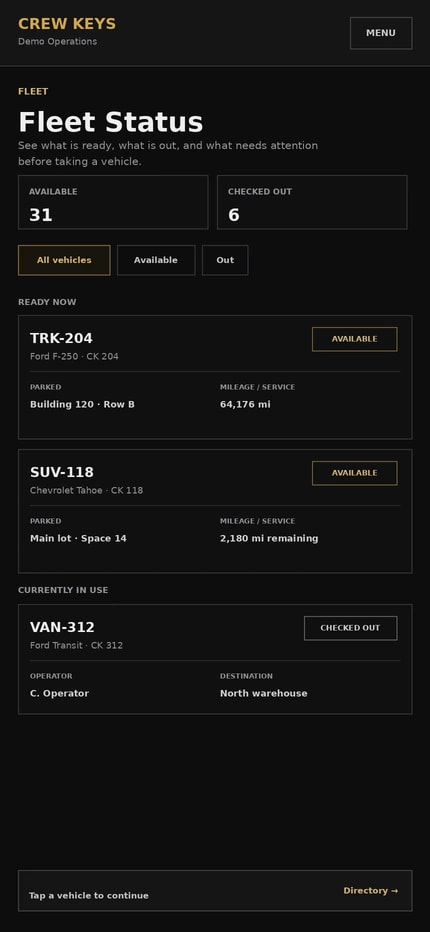 Current Crew Keys mobile Fleet Status interface showing available and checked-out vehicles on a phone