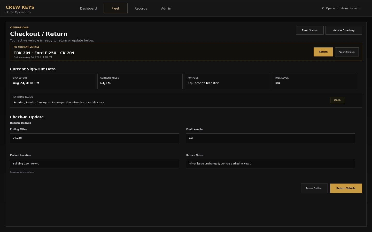 Crew Keys return form showing ending mileage and vehicle details