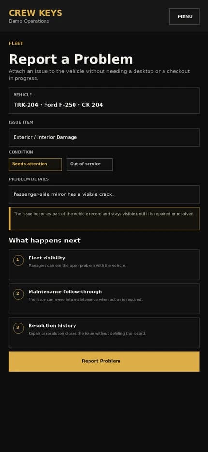 Current Crew Keys mobile Report a Problem interface showing vehicle, issue type, condition, and problem detail on a phone